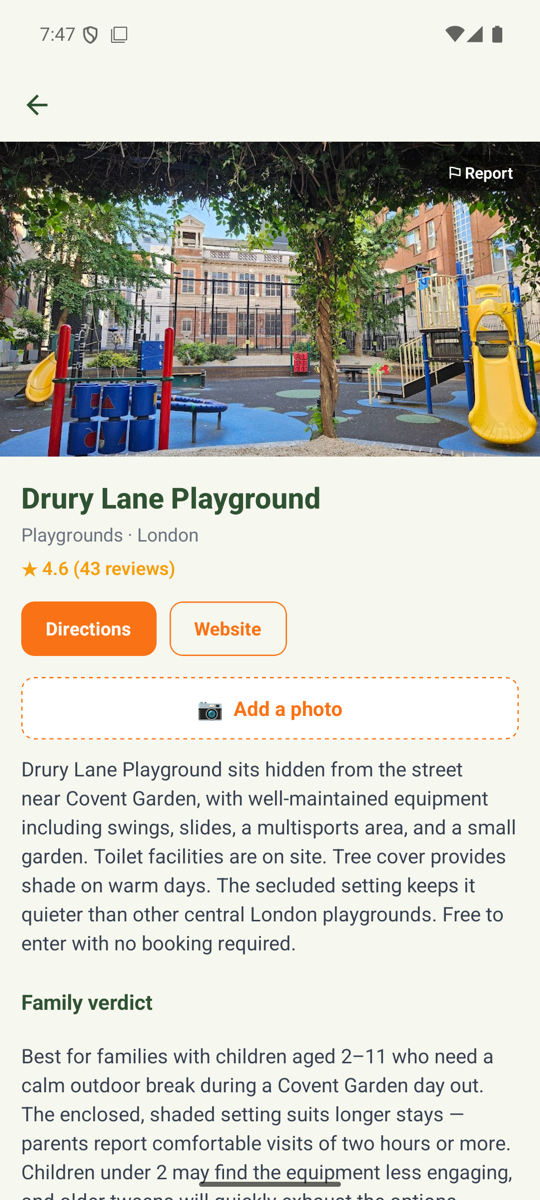 Our app — venue detail with directions, website and call