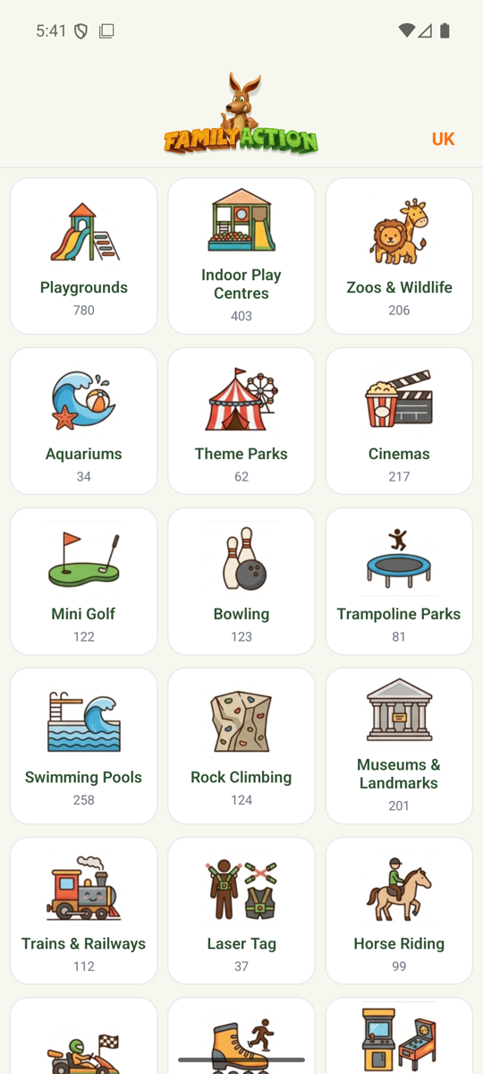 Our app β the category grid of things to do